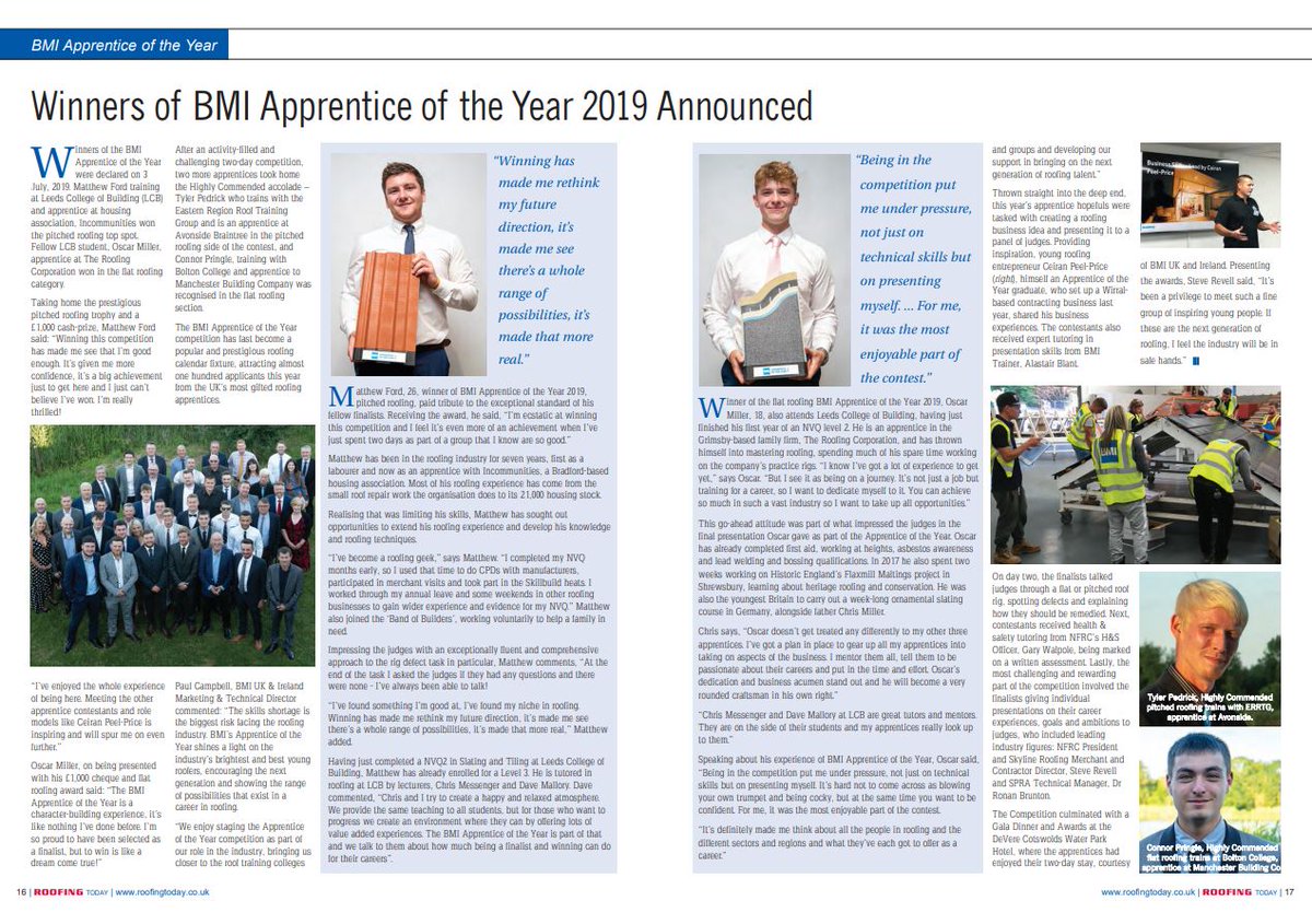 RoofingToday's tweet photo. Full coverage of the @BMIUKandIreland Apprentice of the Year Awards can be found in the #Roofing Today July Ed. Congrats to the winners and participants! https://t.co/Tiv9sveTNu #RTJulyEd #Pg16 @lcb_roofing @ERRTG01 @NCLCollege @RST_BoltonCC @PeelPrice @AvonsideGroup @TheNFRC https://t.co/pmNvcnWtbG