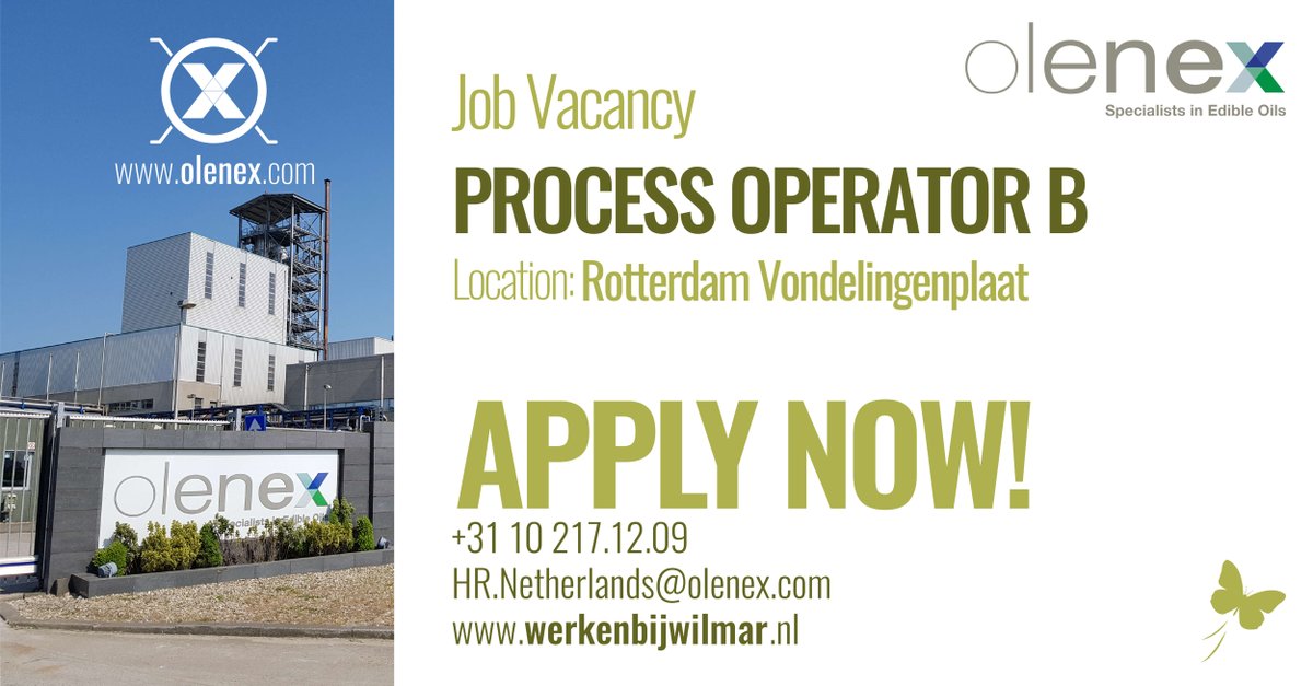 OlenexOilsFats's tweet photo. #NewVacancy #ProcessOperatorB
Do you have an affinity with the refining and fractionation of vegetable oils? @OlenexOilsFats is looking for a Process Operator B at Rotterdam Vondelingenplaat. 

Check our #vacancy and apply today! https://t.co/9XmLR9CQZ1

https://t.co/WQA0ECCxbn https://t.co/AyenczoTTf