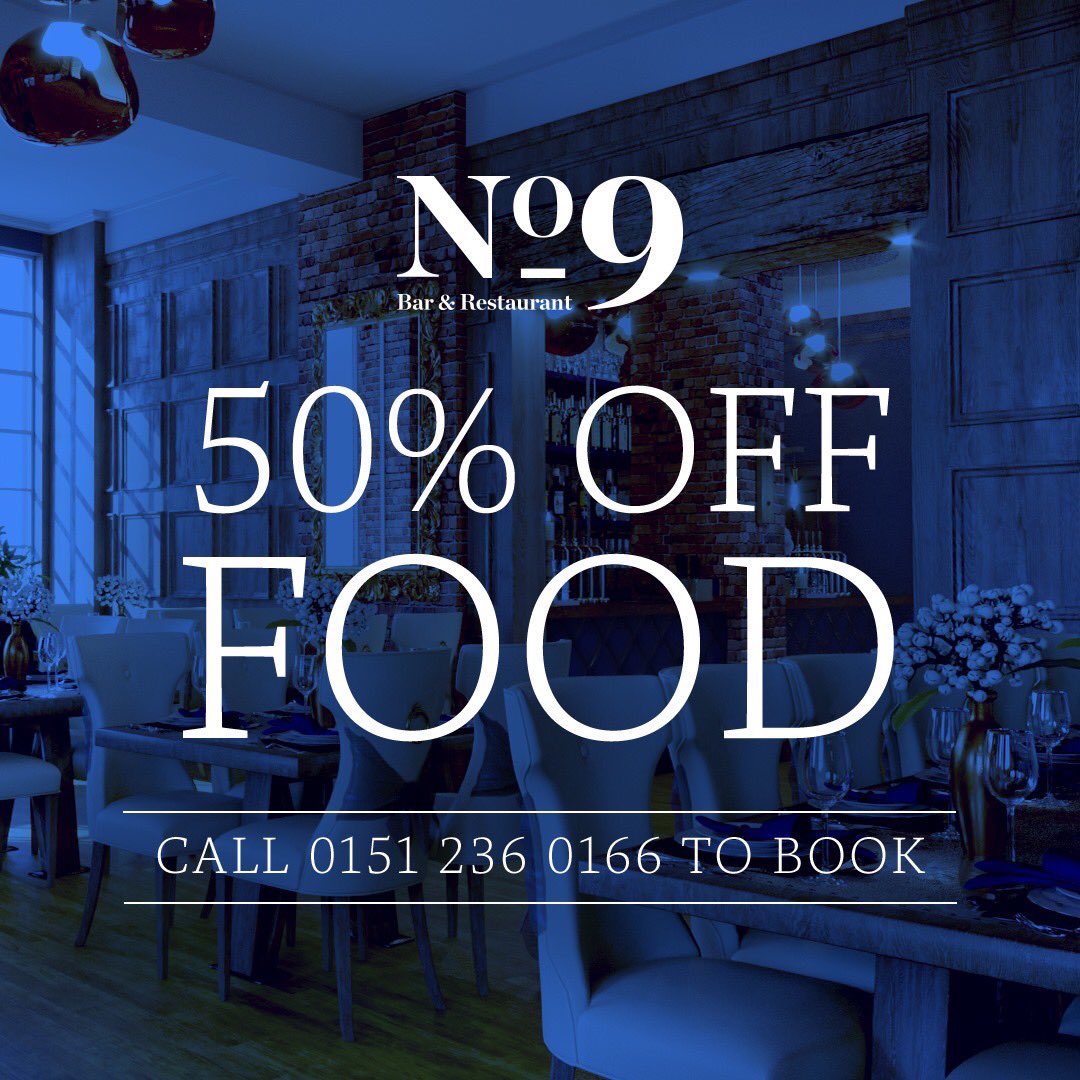 💙 PRE-SEASON FRIENDLY 💙
50% OFF AT NO9 <a href="/dixiedeanhotel/">The Dixie Dean Hotel</a> 
We're offering a 50% discount on FOOD when dining with us...THIS WEEKEND ONLY!

☎ call now on 0151 236 0166!

*T&amp;Cs apply, Fri / Sat &amp; Sun (19-21 July) only.
*Must pre-book for 50% off offer. #dixiedeanhotel #liverpool