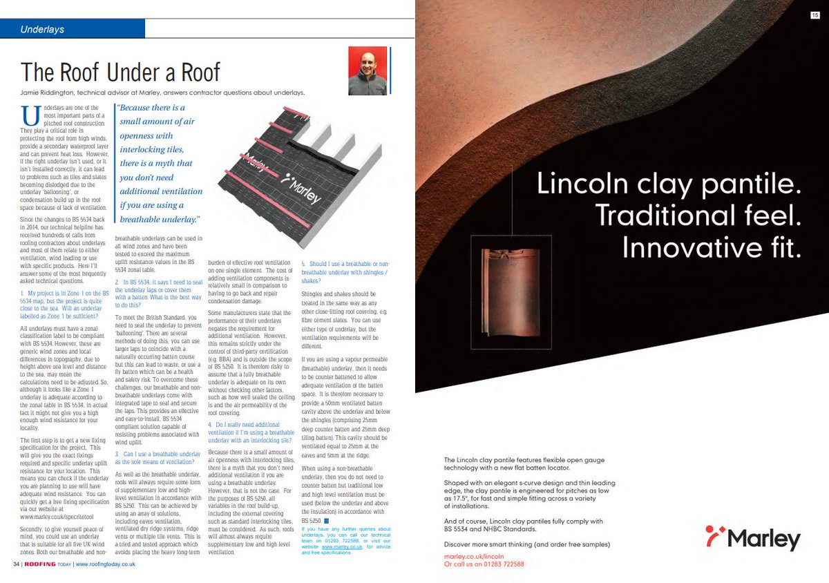 RoofingToday's tweet photo. “Because there is a small amount of air openness with interlocking #tiles, there is a myth that you don’t need additional #ventilation if you are using a breathable #underlay.”- Jamie Riddington talks to #Roofing Today. https://t.co/Tiv9sveTNu #RTJulyEd #Pg34 https://t.co/zAQZHuOfdD