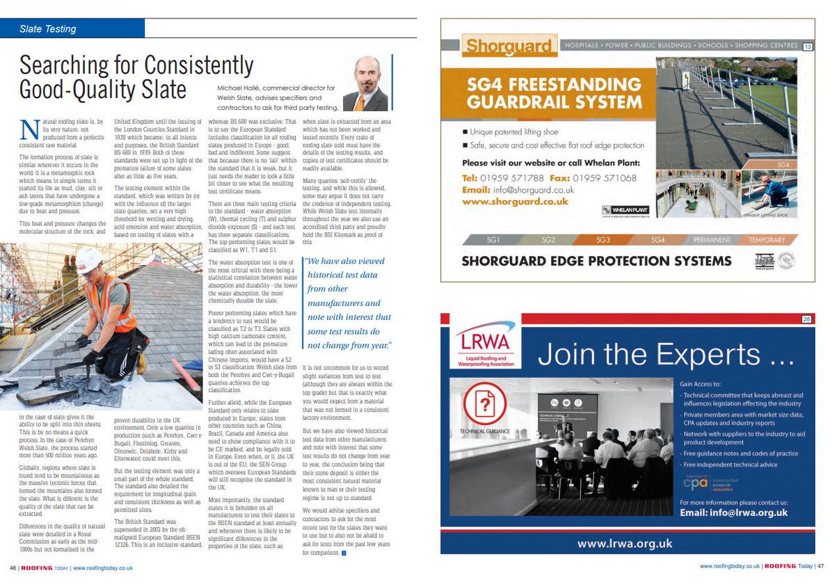 RoofingToday's tweet photo. Michael Hallé, commercial director for @WelshSlateLtd, advises #specifiers and #contractors to ask for third party #testing in the #RTJulyEd #Pg46 #Roofing https://t.co/Tiv9svwuF2 https://t.co/n6FB87EBgo