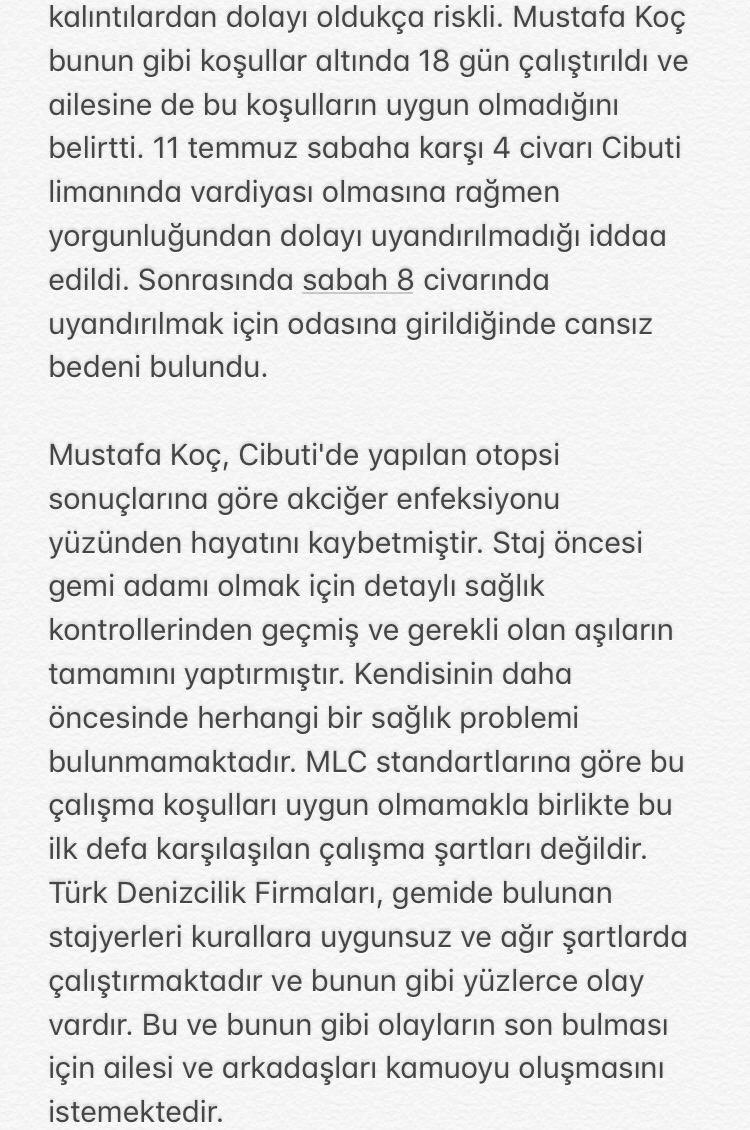 Yaptığı staj sırasında hayatını kaybeden Mustafa Koç’un ailesine, yakınlarına sabır diliyoruz.