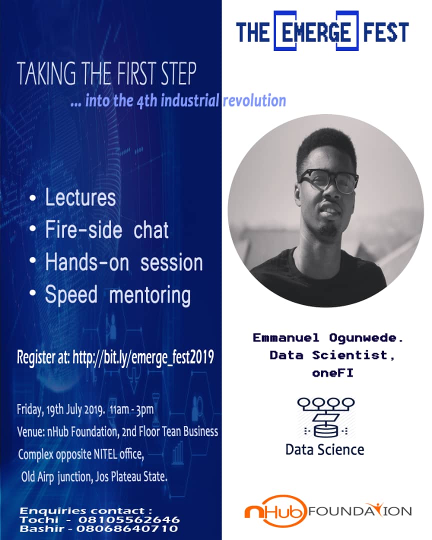 nHubFoundation's tweet photo. The stage is set...Emmanuel Ogunwede talks on #DataScience and its applicability in the ever evolving economy. Join the conversation on #emergefest2019
#SDGs #solutions #CNNTech #nHub #nHubfoundation #Africa #Nigeria
@ericnanle @NankapJulna https://t.co/Qm7BfeP5L0