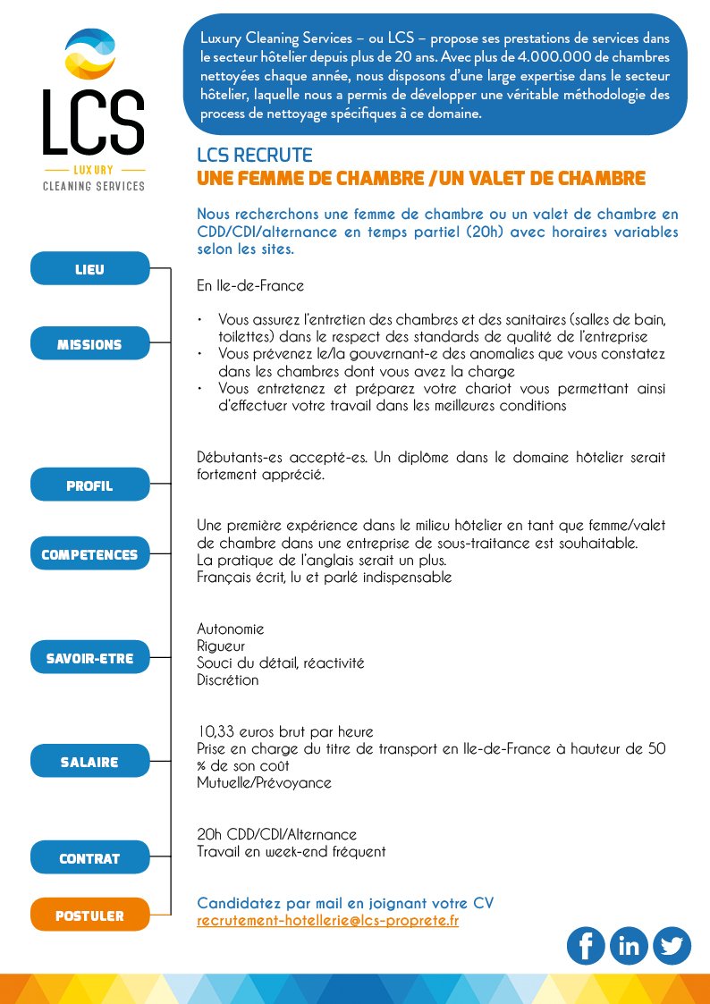 LCS_LUXURY's tweet photo. @LCS_LUXURY recrute une femme de chambre/valet de chambre en CDD/CDI/Alternance à temps partiel (20h) avec horaires variables selon les sites.

Candidatez par mail en joignant votre CV : 
👉 recrutement-hotellerie@lcs-proprete.fr

#recrutement #emploi #hotellerie #nettoyage https://t.co/WKwuSpKXJH