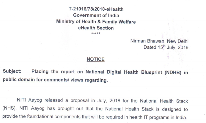 AnantBhan's tweet photo. The @MoHFW_INDIA releases the National Digital Health Blueprint Report for Public Comments/Feedback. Comments expected by 04 August 2019
#digitalhealth #India
https://t.co/CgVtF17ut1 https://t.co/dtFQMdrcnm