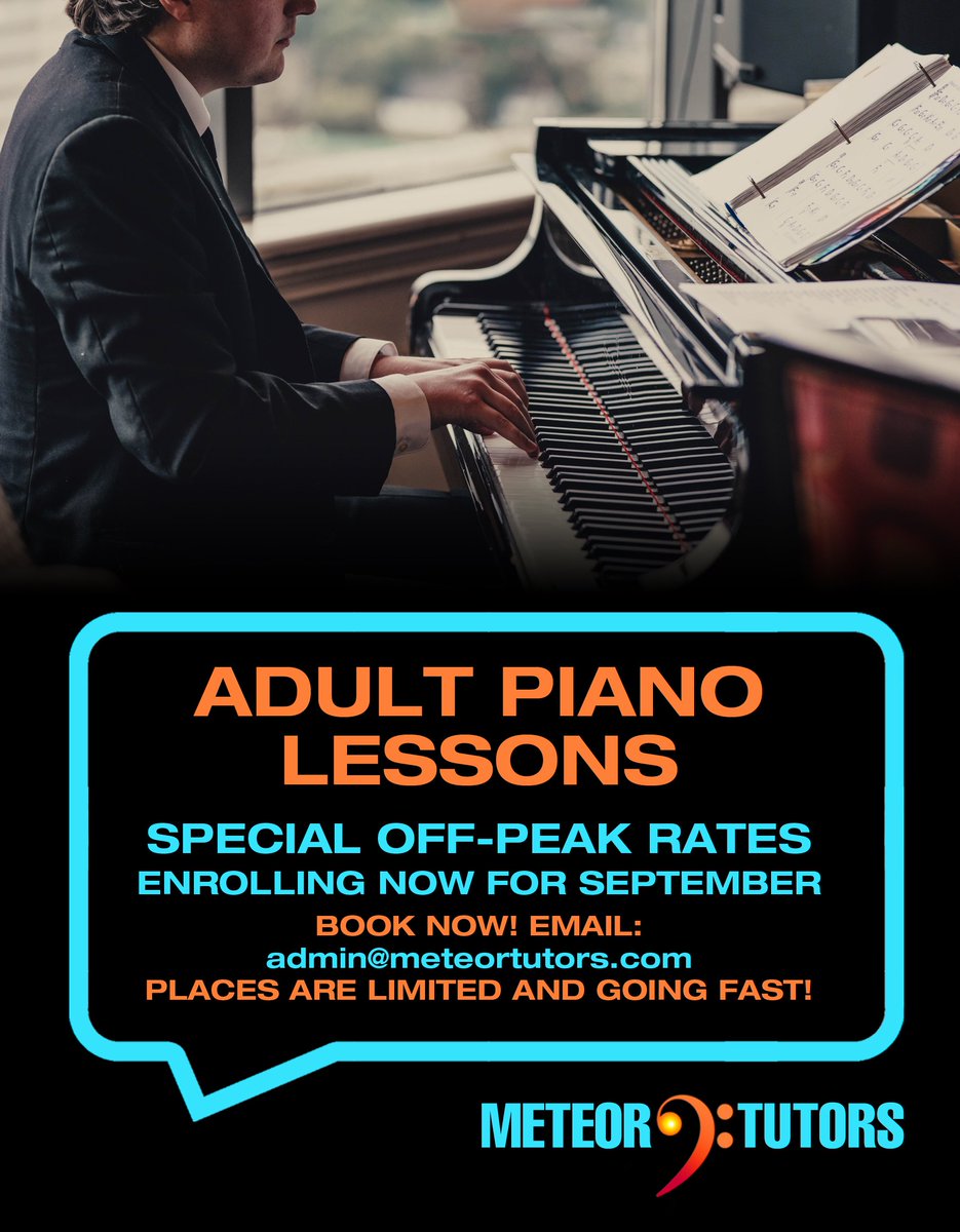 MeteorTutors's tweet image. Adult Piano Lessons - Face-to-Face or Online
Special Off-Peak Rates - Enrolling now for September
Book now! Email: admin@meteortutors.com as places are limited and going fast! #pianolessons #adultpianolessons #tuition #musictutors #musictutorslondon #onlinetuition #onlineteacher
