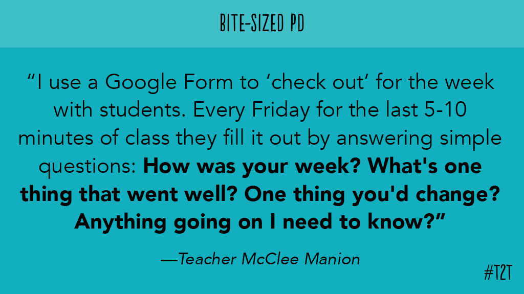teacher2teacher's tweet photo. Five minutes of time. Immeasurable insight. #BiteSizedPD, #edchat via T @heymrmanion https://t.co/lPVBrP7qYI
