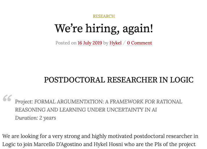hykel's tweet image. Are you a logician interested in either foundations of #AI -- especially #formalargumentation -- or #computationalcomplexity (e.g. #tractable deduction) or #probabiity and its generalisations? Apply now to join our Logic Group filosofia.unimi.it/~hosni/2019/07โฆ
