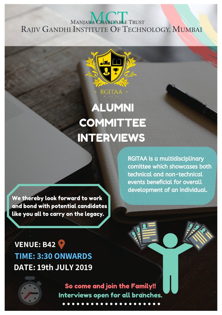 alumni_rgit's tweet image. *RGITAA Interviews*
To all the SEs and TEs out there RGITAA brings to you an opportunity to be a part of its Core Team for the year 2019-20.

Interviews open for all branches.
Date: 19th July 2019 (Friday)
Time: 3:30 onwards
docs.google.com/forms/d/e/1FAI…