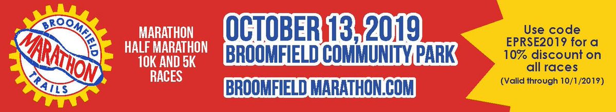 🏃 Have you signed up for the 2019 #BroomfieldTrailsMarathon yet? Save 10% on all races and register today with our special code EPRSE2019 (valid through 10/1/2019) bit.ly/2FF26OA
