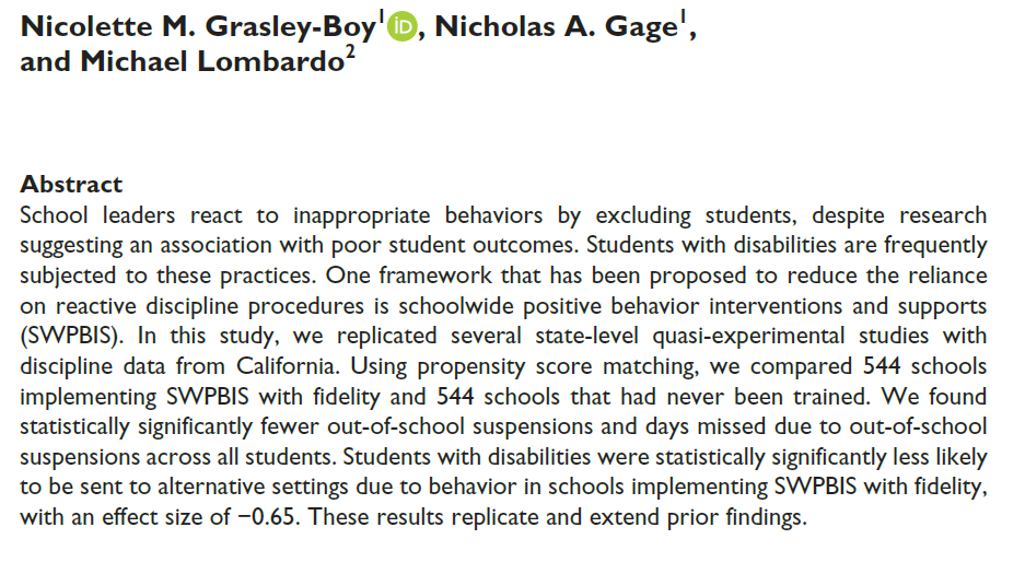 PCOE_PBIS's tweet photo. New rigorous peer reviewed evidence that PBIS is positively impacting discipline outcomes in California published in @CECMembership 

T1 PBIS at Fidelity associated with significant reductions in school exclusion for ALL students 

#PBISCA
#CAMTSS

https://t.co/4TLyHqs0Tc https://t.co/MtUlb7HuTC