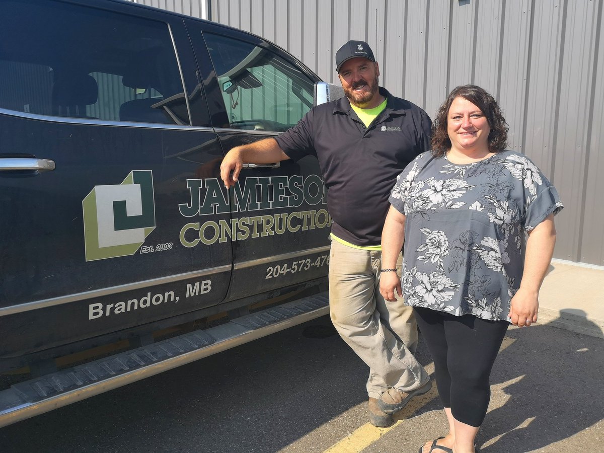 ACCMB_Alumni's tweet photo. It was great catching up with @ACCMB alumni Scott (Carpentry, 98) and Mindy (Office Admin, 99) Jamieson. Since 2003, Jamieson Construction has built solid foundations for construction projects throughout Westman. Watch for their story in an upcoming publication! #bdnmb https://t.co/GfgZyGycCM