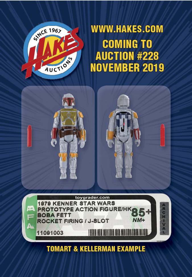 HakesAuctions's tweet photo. #Hakes228 Sneak Peek! Fresh off @HakesAuctions' record $112,962 sale of an #LSlot #RocketFiringBobaFett, here's an even rarer @starwars item for the next sale! An #AFA 85+ #JSlot #RocketFiringFett #prototype!
#StarWars #BobaFett #StarWarsFans #StarWarsCollectors #StarWarsToys https://t.co/o2qNir4DrD