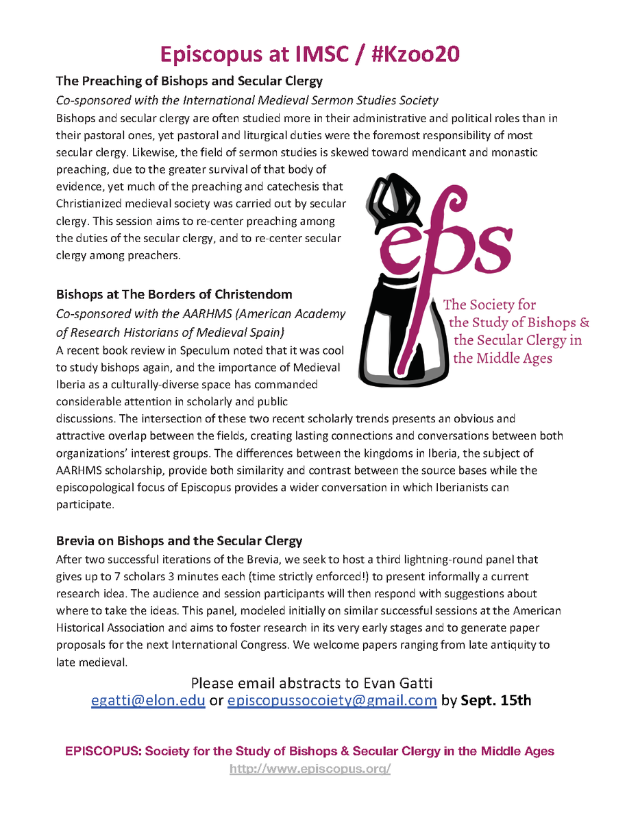 EPISCOPUSorg's tweet photo. We're pleased to announce three Episcopus-sponsored sessions for #Kzoo20! Consider one of the two panels listed below or submit to the #EPSBrevia - a roundtable session so you may submit an proposal even if you have applied to another session. #MedievalCFP #MedievalTwitter https://t.co/YEhEBUGPsA