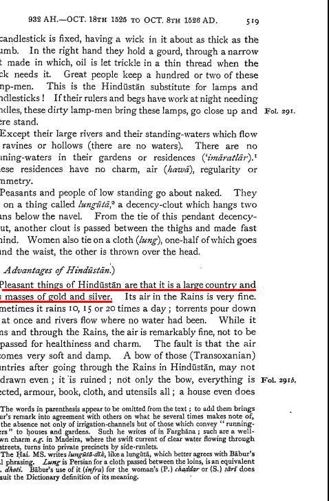 6/n While describing India, “Babur” mentions of “abundant gold & silver” .He also talks about easily available workforce.Ref: “The Babur-nama in English (Memoirs of Babur)by Annette Susannah” pg 519-20  @sankrant  @Sanjay_Dixit