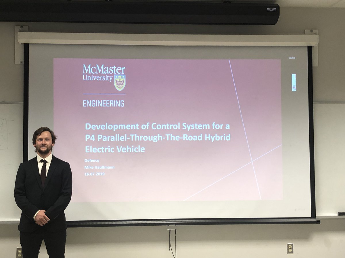emadiali1's tweet image. Congrats @HaussmannMike for successful master’s thesis defense! Mike was the lead for @MacEngEcoCAR Control System, Modeling and Simulation @McMasterEng in Year 1 of @EcoCARChallenge sponsored by @ENERGY @GM @MathWorks and others 

#EcoCAR #AVTC #MacEng #McMaster #GraduateStudies