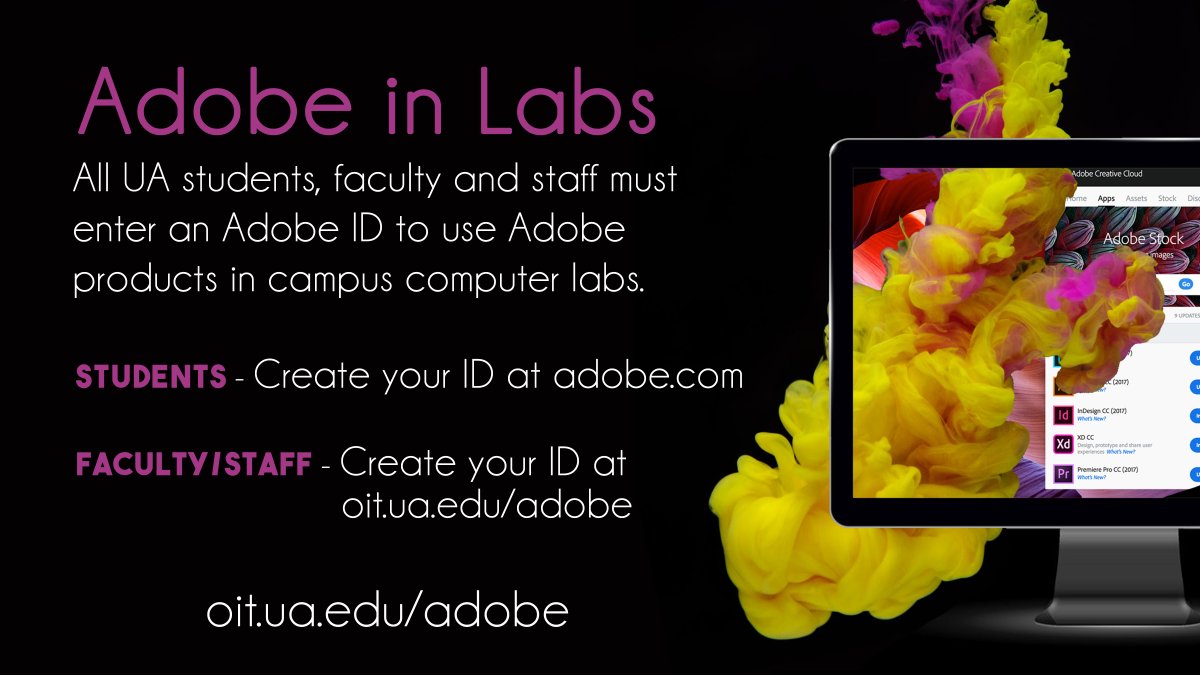 OITatUA's tweet photo. Heads up! We've made a change in how we offer Adobe in campus computer labs. All students, faculty and staff are now required to login with an Adobe ID to access Adobe software. More info - https://t.co/Yu9dx5fu7R https://t.co/Qzp5MehsnU