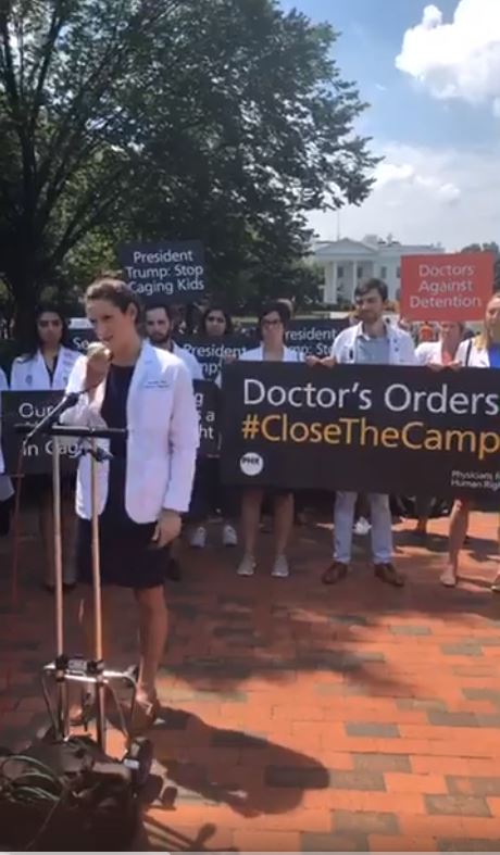 P4HR's tweet photo. "Detention compounds and exacerbates the trauma faced by asylum seekers," says @PHR_Students' Meredith Peck. "President Trump, on behalf of medical professional across the country, we're here to say, 'Enough is enough. Close the camps.'" https://t.co/Ujvj8c30Lb https://t.co/vmckkurSkD