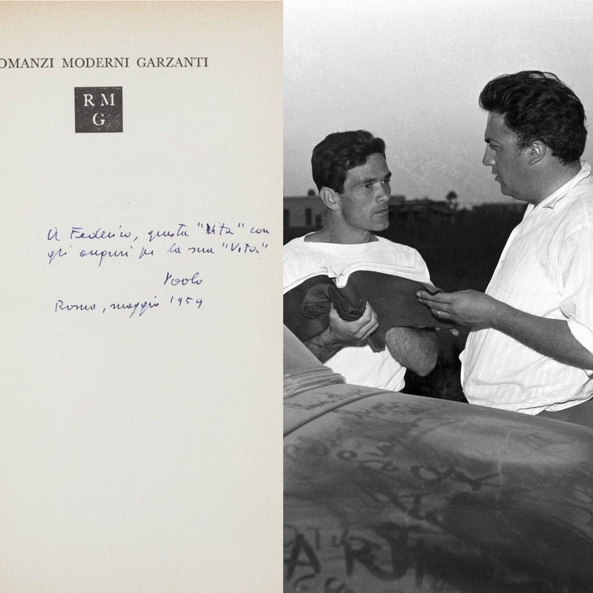 #Pasolini “Una vita violenta” con una sua dedica a Federico #Fellini: 

“A Federico, questa “vita” con gli auguri per la sua “vita”. Paolo. 

Roma, maggio 1959

📷 Pasolini e Fellini nel set del film "Le notti di Cabiria" (1958) © Pierluigi Praturlon/Riproduzione riservata