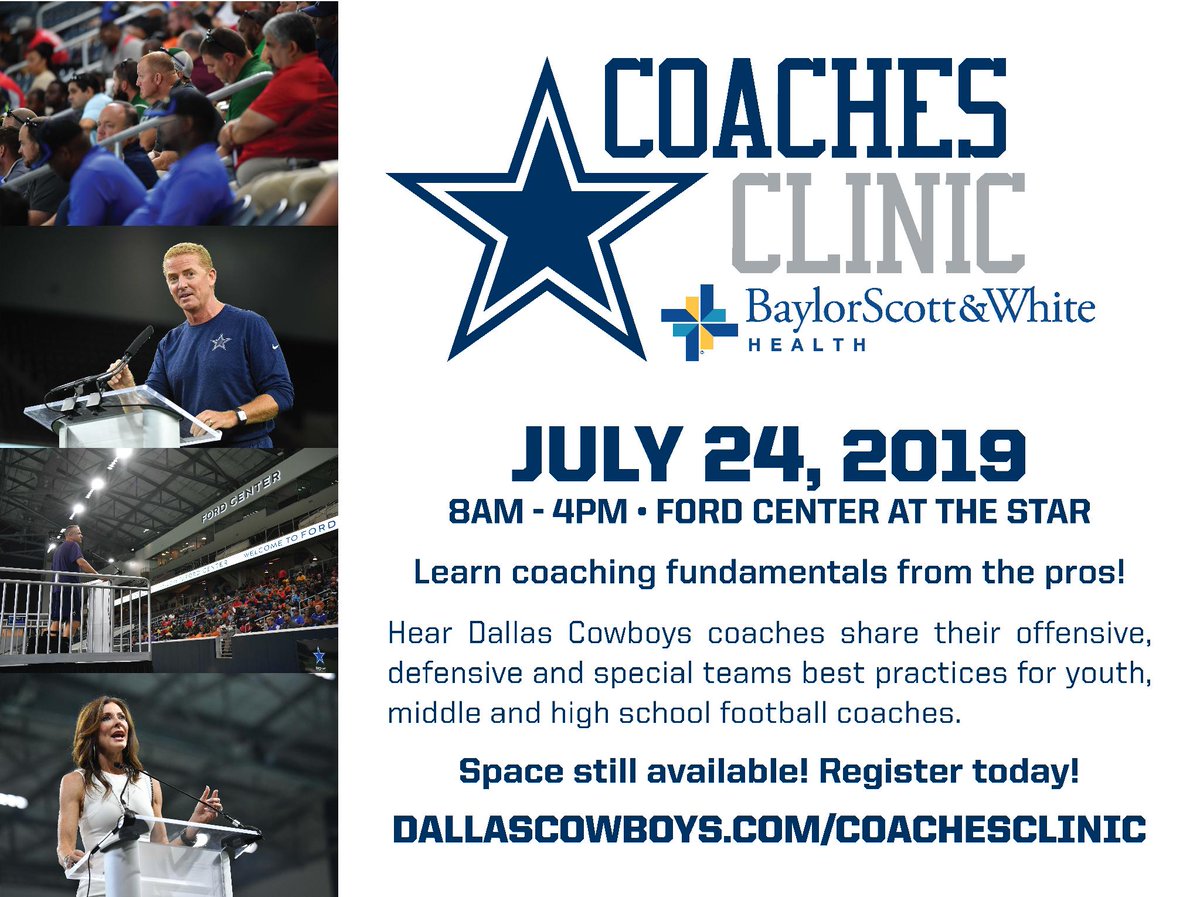 Learn from the #DallasCowboys coaches at our FREE annual youth coaches clinic on July 24, presented by <a href="/bswhealth/">Baylor Scott & White Health</a>! 🏈

Sign up today → bit.ly/2jKbL1p