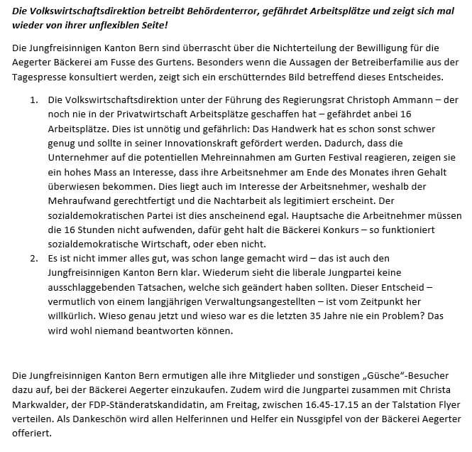 Mal wieder erschreckender Bescheid der Volkswirtschaftsdirektion! Der Bäckerei Aegerter wird die Bewilligung entzogen, damit sie frühmorgentlich am @gurtenfestival den Bierhunger bekämpfen können. Frontalangriff auf 16 Arbeitsplätze von <a href="/AmmannCh/">Christoph Ammann</a> - unfassbar dieses @ballenbern.