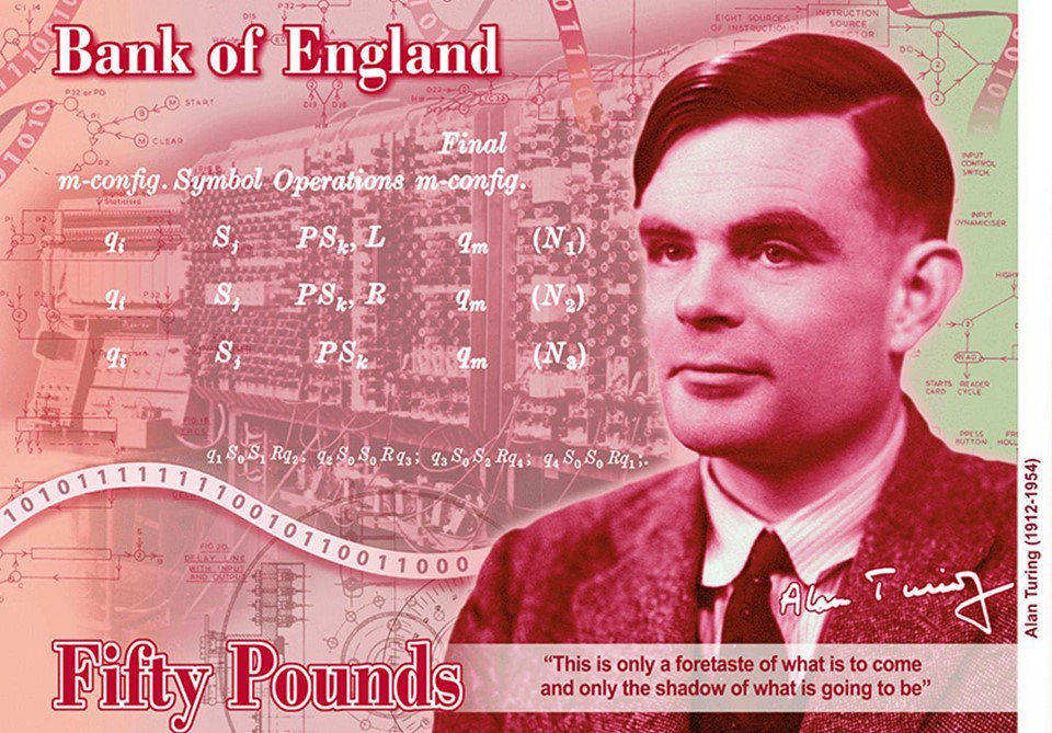 UCSguru's tweet photo. As a student of Cryptography I was pleased to see #AlanTuring honoured as the face on the new ยฃ50 bank note. It can't make up for all the wrongs that were done to him, but it's a start. @AlanTuringYear #Inigma
The binary ribbon reflects his 23 June 1912 birth date!... Nice touch https://t.co/RsCXytOrzP