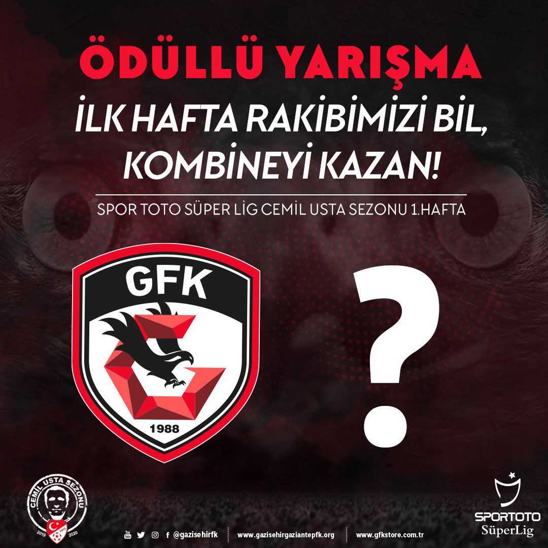 GaziantepFK's tweet photo. 🔴⚫️ Gazişehir Gaziantep Futbol Kulübümüzün, Spor Toto Süper Lig'deki ilk maçını doğru tahmin eden üç taraftarımıza, kombine kart hediye!

 🎉 Doğru cevabı ver, bu tweeti paylaş, kombineyi kazan! https://t.co/7PrpTR5zfC
