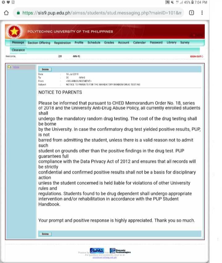 TedPylon's tweet photo. [BREAKING NEWS]

A notice regarding Mandatory Random Drug Testing under CHED Memo No. 18 was sent through PUP SIS System.

The said drug testing is state-sponsored and also one of the provisions in the Student Handbook revision.

Source: @pupcocdakom https://t.co/ZxJDvQ4TWM