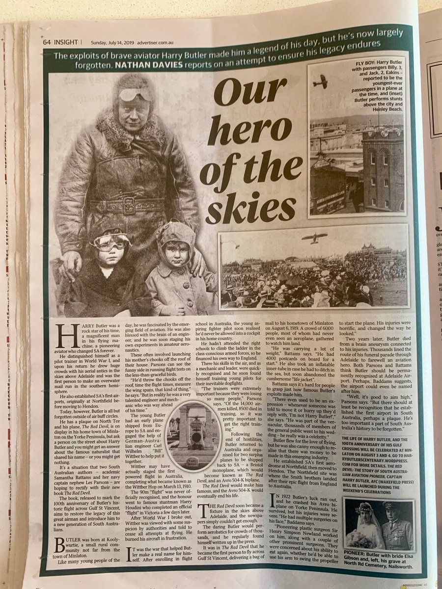 BattamsSamantha's tweet photo. Story of #newbook on #pioneeraviator #HarryButler #AFC from #SundayMail Launch is at @saam_museum 17 Aug & Minlaton 3 Aug as part of #100anniversary celebrations. He set up first @AdelaideAirport passenger flights & acrobatics in his #RedDevil #plane #aviation #flight @HistorySA https://t.co/3dK3roOAhe