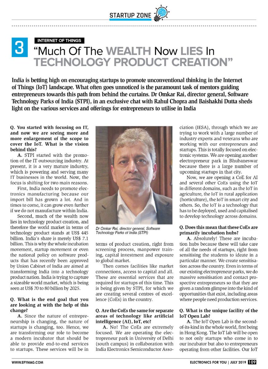 Omkar_Raii's tweet photo. #STPICoEs will play a cardinal role in fostering #startups to build innovative products & #IPRs in various emergingtech domains. #STPIIoTOpenLabCoE is a step forward in transforming #RnD & #innovation in the country. Read my interview with @EFYmagonline. https://t.co/2YEVpx6DCO