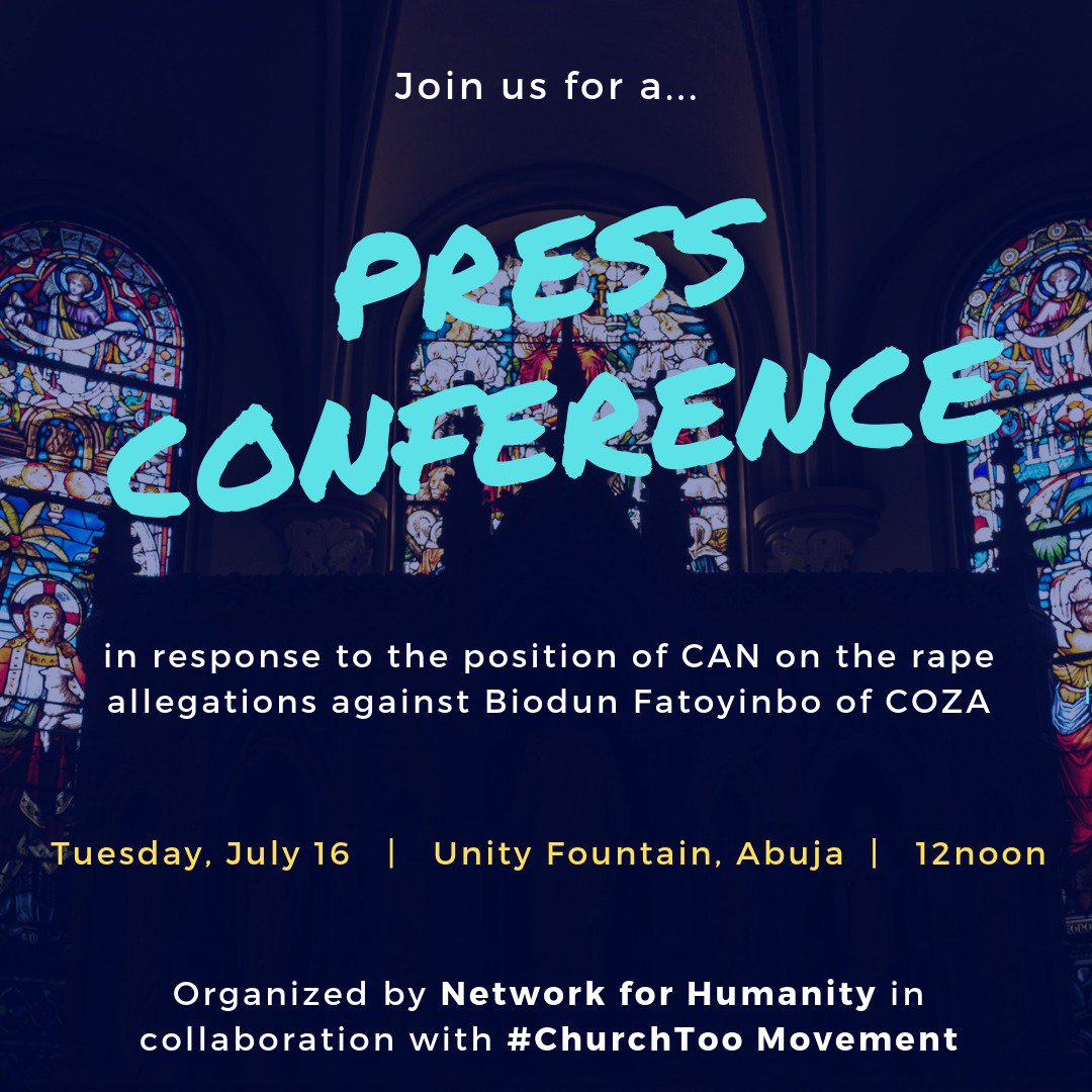 etinmagbe's tweet photo. We just finished with the Press Conference at Unity Fountain.
Join us tomorrow for a peaceful protest to CAN Headquarters, Ecumenical centre by 12noon.
More info will be out later in the day on our meet up point.
#ChurchTooMovement #ChurchToo https://t.co/GppKppCosW