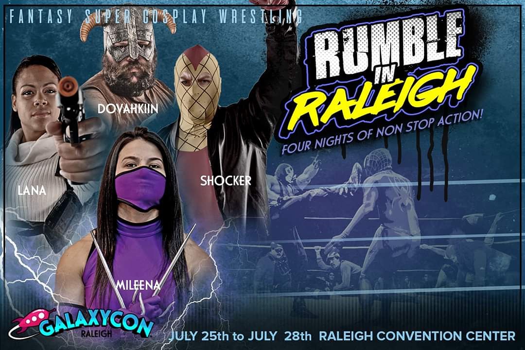 GWEFSCW's tweet photo. Every day we announce more returns/debuts for @GalaxyConRDU! Today we see a SHOCKING return from Shocker, Mileena joins the hunt from Outworld, Lana puts her spy business on hold and Dovahkiin puts his sidequests on pause.
.
#cosplay #cosplaywrestling #prowrestling #wrestling https://t.co/4JSgI7C3XU