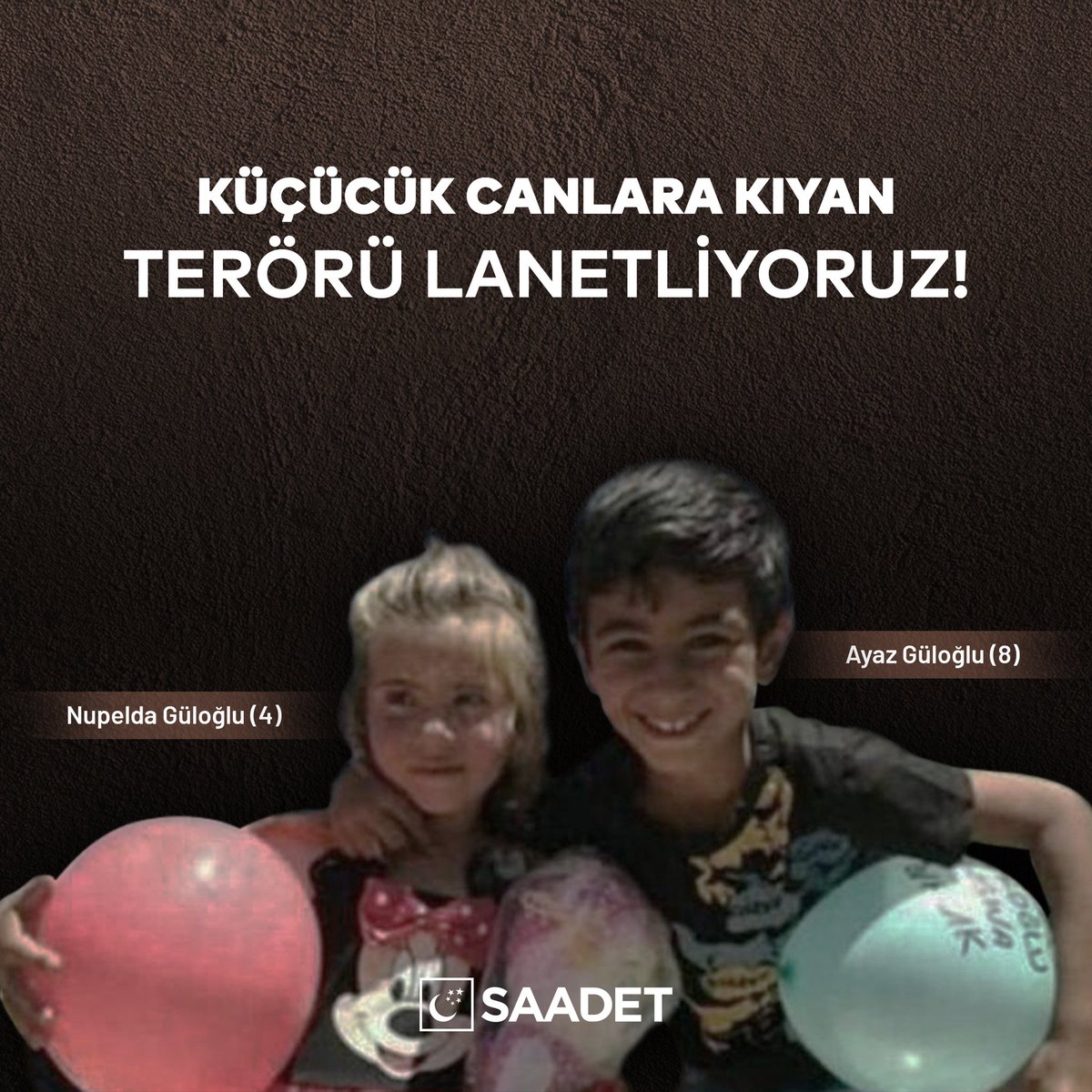 Küçücük canlara kıyan terörü lanetliyoruz. 

“ Aynı evrende yaşamamalı cellatlar ve çocuklar; ya ölmeli cellatlar ya da hiç doğmamalı çocuklar."  #Patlama