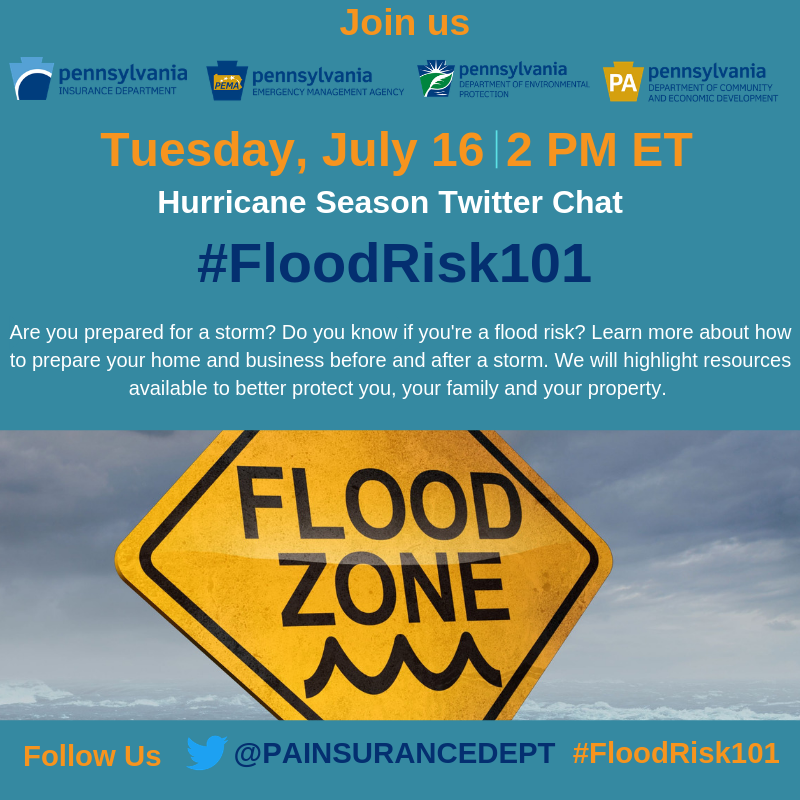 PAInsuranceDept's tweet photo. TODAY IS THE DAY!!! Join us along with @Readygov, @PennsylvaniaDEP , and @PADCEDnews at @ 2pm ET for our #FloodRisk101 Twitter chat. We want to help Pennsylvanians prepare and protect themselves against the flood risks associated with hurricanes and other natural disasters. https://t.co/wHxKJsBUDu