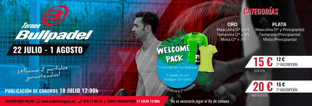 Padelzaragoza's tweet photo. ⚠️ Aviso a rezagados: último día para apuntarse al Torneo @bullpadelsport de #Pádel #Zaragoza. Tenéis hasta mañana a las 12:00h.
ℹ️Premios: https://t.co/pzQY6F1te0
✏️Info e inscripciones: https://t.co/kvIgRodbzM
https://t.co/GHxtOMxSFH
#Padelízate #Padelfun #Padelfever https://t.co/YRgmdFP04N