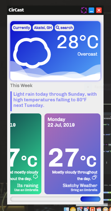 cirlormx's tweet photo. Take a look at my new app. Built for PC & Mac.
I use Electron.js and Javascript, this was an exciting period.
#CirCast for Weather ⛈️
@JNYBGR @kidaa007 @js_tut @hackSultan @electronjs https://t.co/1SrURS51cj