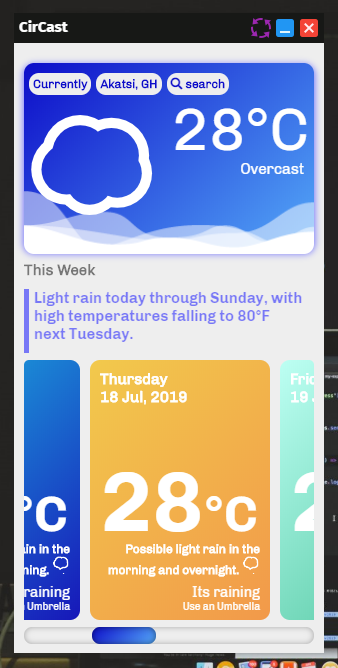 cirlormx's tweet photo. Take a look at my new app. Built for PC & Mac.
I use Electron.js and Javascript, this was an exciting period.
#CirCast for Weather ⛈️
@JNYBGR @kidaa007 @js_tut @hackSultan @electronjs https://t.co/1SrURS51cj