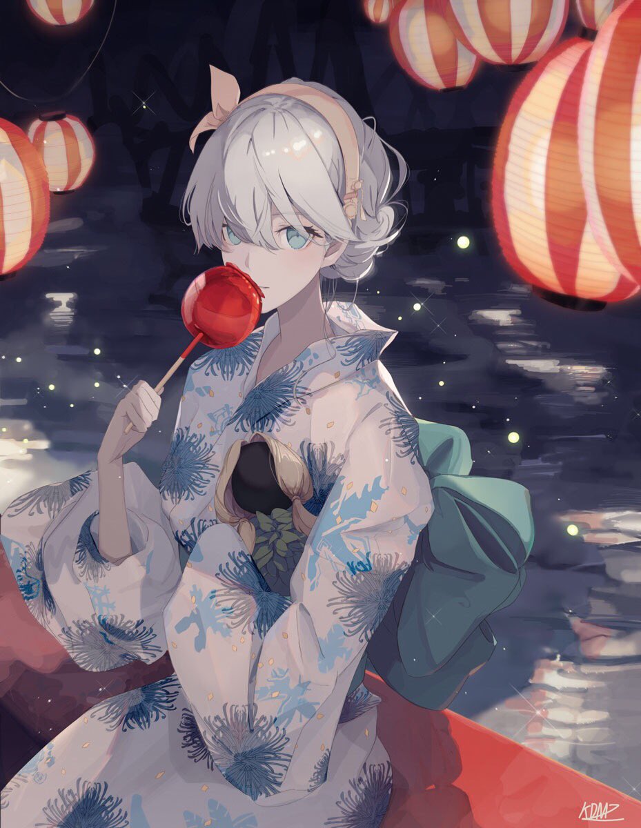 anastasia (fate) 1girl japanese clothes kimono candy apple food solo blue eyes  illustration images