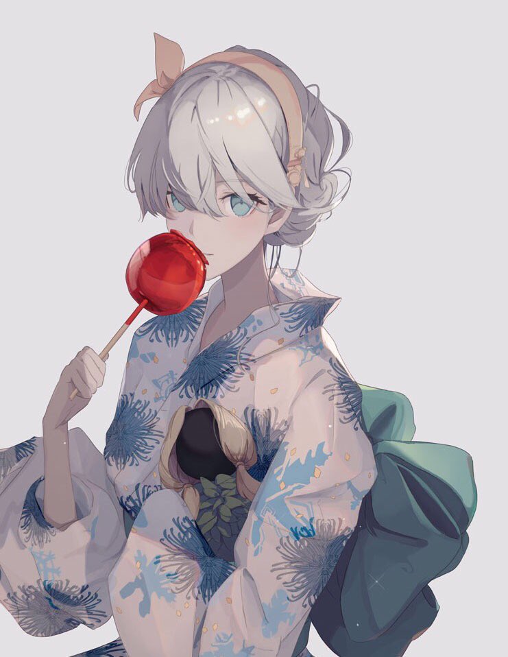 anastasia (fate) 1girl japanese clothes kimono candy apple food solo blue eyes  illustration images