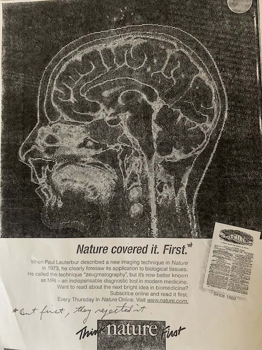 Paul Lauterbur put this up in our lab in 1996, original writing in red ink. Take heart, people, even the paper describing MRI was first rejected. Also, moving is hard, but digging up these gems from the past is beautiful. @NeuroDx @MRInicole #MRI #ISMRM