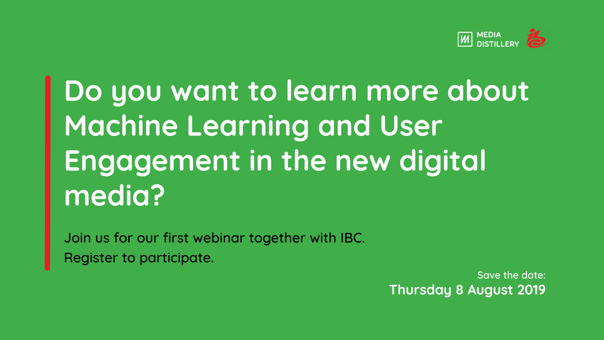 MediaDistillery's tweet photo. 💥 We are very happy to host together with IBC a webinar to explore how Machine Learning and Artificial Intelligence can be used to engage with consumers in the new digital markets. Register 👉 here https://t.co/xUYGc261cq #IBC2019 #artificialintelligence #machinelearning https://t.co/x0D6PGQKIG