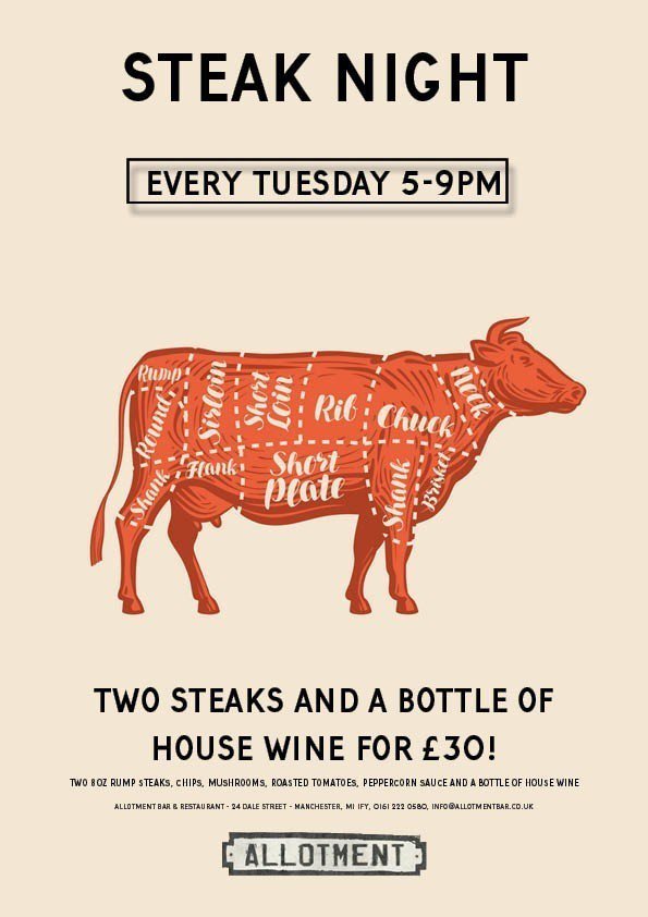 ***ITS STEAK NIGHT!***

Its Tuesday steaks all round!

2 steaks and a bottle of house wine only £30 every Tuesday! .
.
.
.
.
.
#northernquarter #datenight #meatstagram #foodie #food #foodporn #tasty #delicious #offers #tapas #britishfood #steak #steakcooking #steakdinner