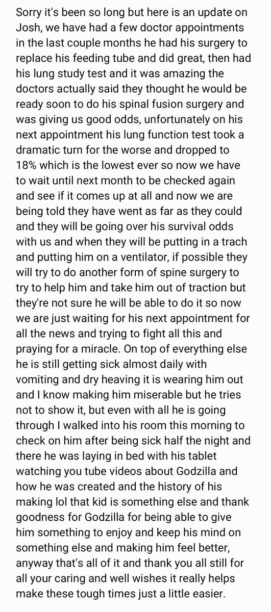 Kim35838035's tweet photo. #GodzillaforJosh
I've attached an update on Josh because it was to much to type on here, and to those sending me msgs asking about him, I'm sorry but for some reason it won't let me type a reply to you.  Thank you all for your ongoing thoughts and prayers ❣❤ https://t.co/qoOtJeCn6C