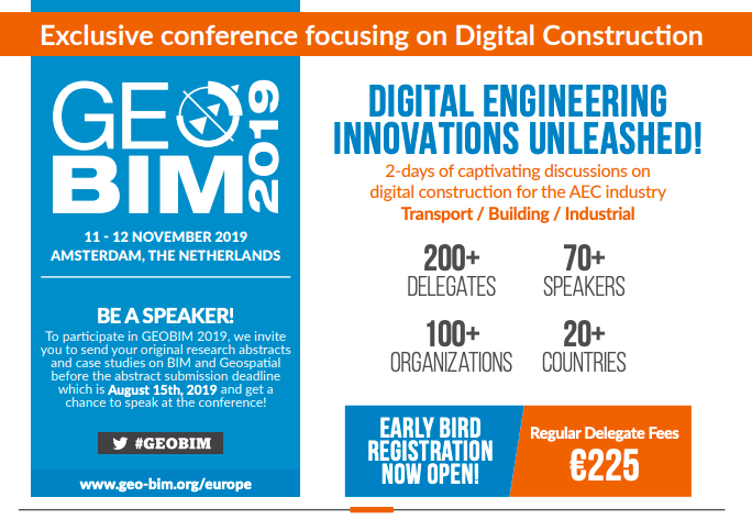 If you are a #DigitalConstruction enthusiast, we invite you to join in the annual gathering of tech-giants and the AEC industry at the #GEOBIM 2019 from 11-12 November, Amsterdam. Register at early bird prices today! buff.ly/2xmRdiY

#geospatial #BIM