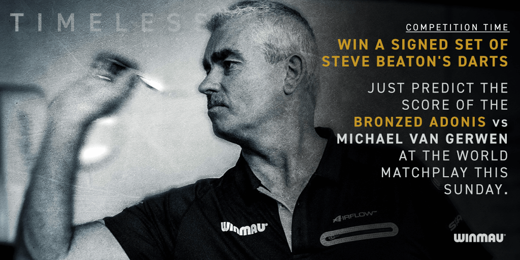 Winmau's tweet photo. COMPETITION TIME 🚨🕺

Win a signed set of @Stevebeaton180  darts! 🙌🎯

Simply RT this tweet and reply with your score prediction of the Bronzed Adonis v Michael van Gerwen at the Betfred World Matchplay this Sunday 21st July 🏆

#Winmau #BronzedAdonis https://t.co/gp809CX7Rs