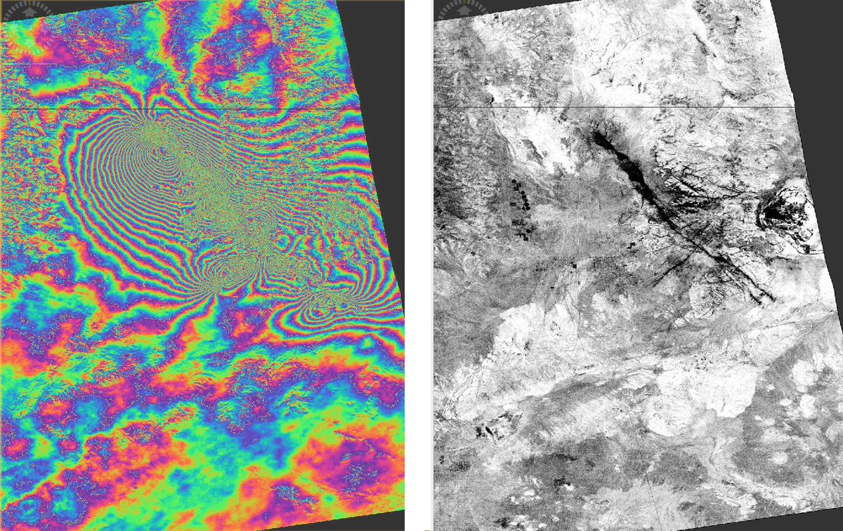 DelgadoBlasco's tweet photo. Very impressive what Nature does. Here the processed ifg @InSARinfo using @Sentinel1a data and @ESA_EO tools #SNAP. It contains the Earthquakes in South California occurred from 4th to 9th July. I counted 26 fringes. Coherence shows also some surface ruptures. https://t.co/WYXCNV3GGS