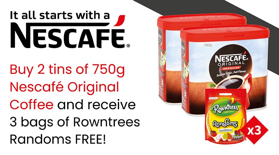 Buy 2 tins of 750g Nescafé Original Coffee and receive 3 bags of Rowntrees Randoms FREE! (while stocks last) Terms &amp; conditions apply.