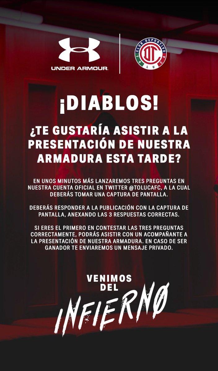TolucaFC's tweet photo. 🚨 ¡Atención Diablos! 🚨

¿Quieres asistir a la presentación de nuestra nueva armadura esta tarde? ¡No se despeguen de nuestras redes sociales! RT si quieres ser el diablo ganador.

#SiempreDiablos | #SiempreRojos https://t.co/3uBOSU4pKa