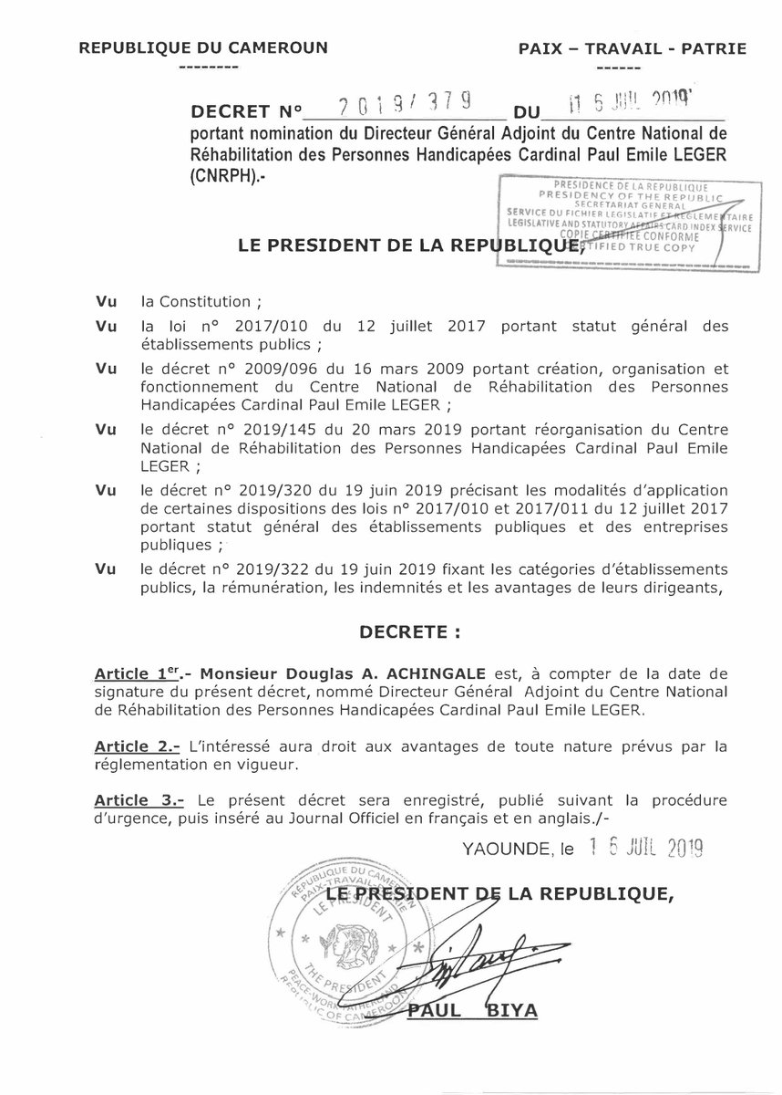 PR_Paul_BIYA's tweet photo. Monsieur Douglas A. Achingale est à compter du 16 juillet 2019, nommé Directeur Général Adjoint du Centre National de Réhabilitation des Personnes Handicapées Cardinal Paul Emile LEGER.
#PaulBiya
#Cameroun https://t.co/20OkUeVssz