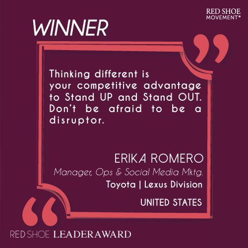 RedShoeMovement's tweet photo. Erika Romero is the perfect example of a professional creating, supporting and championing initiatives that are changing work environments while leveling the playing field for women 👏🏻
We recognize her efforts towards gender equality with our #RedShoeLeaderAward
#RedShoeTuesday👠 https://t.co/HHlzeCZfQE
